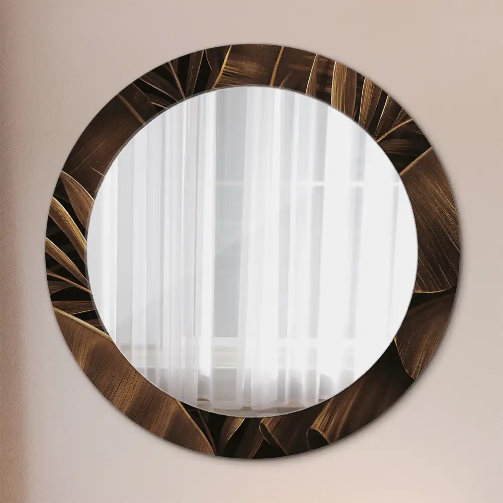 Oglindă rotundă de perete cu decor frunze de bananier maro