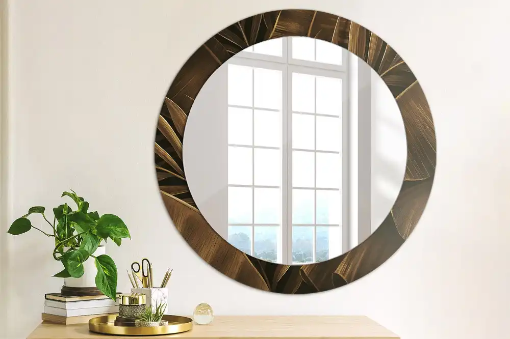 Oglindă rotundă de perete cu decor frunze de bananier maro