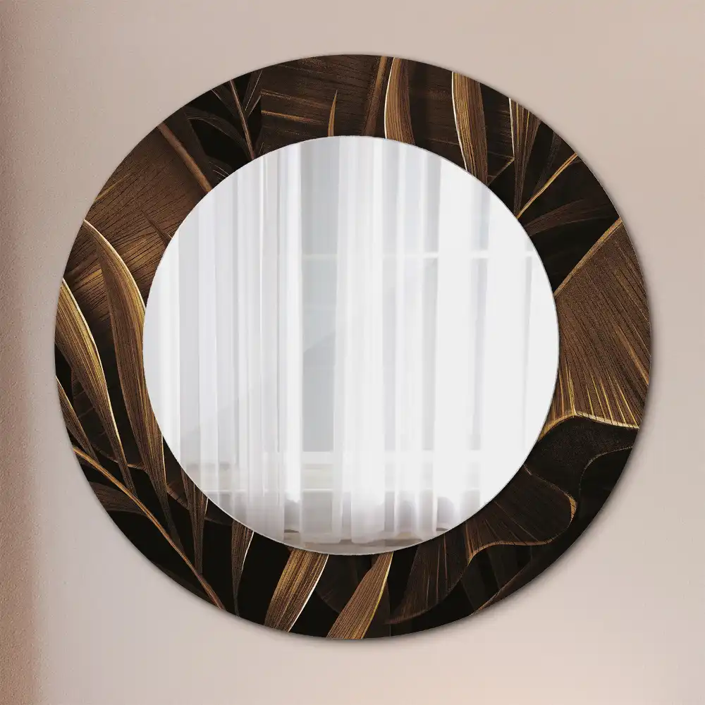 Oglindă rotundă de perete cu decor frunze de bananier maro