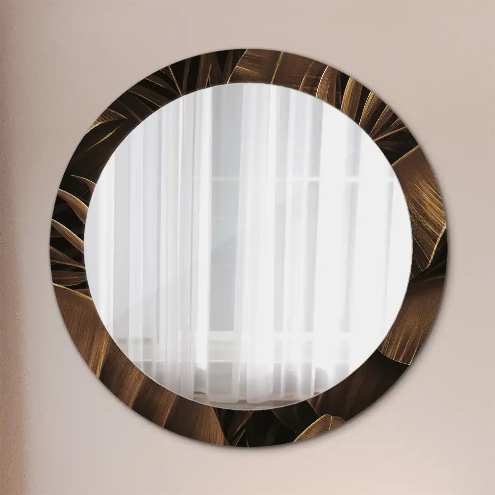 Oglindă rotundă de perete cu decor frunze de bananier maro