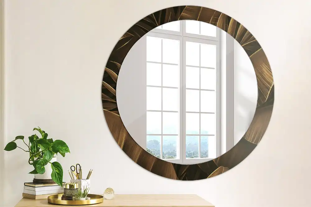 Oglindă rotundă de perete cu decor frunze de bananier maro