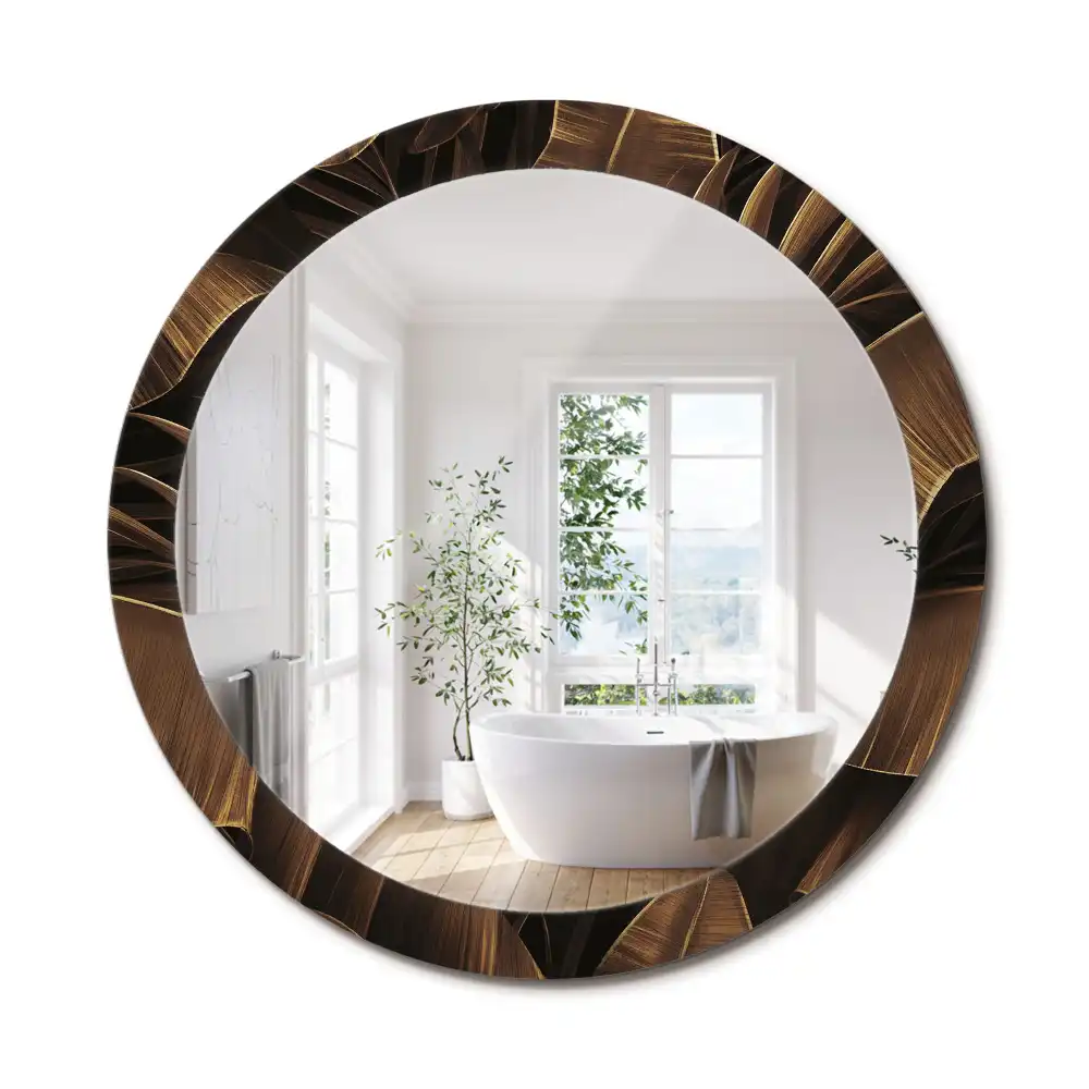 Oglindă rotundă de perete cu decor frunze de bananier maro