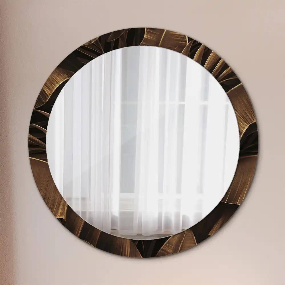 Oglindă rotundă de perete cu decor frunze de bananier maro