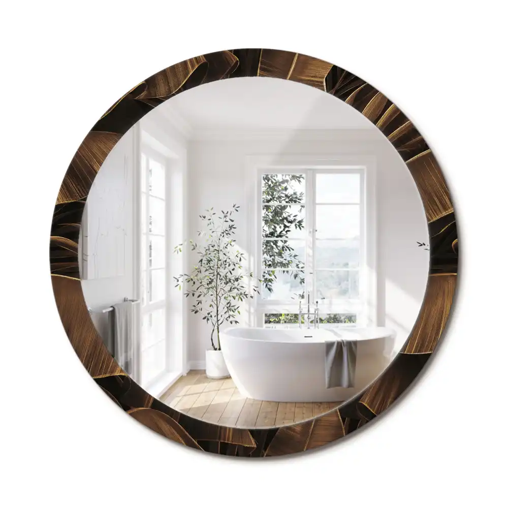 Oglindă rotundă de perete cu decor frunze de bananier maro