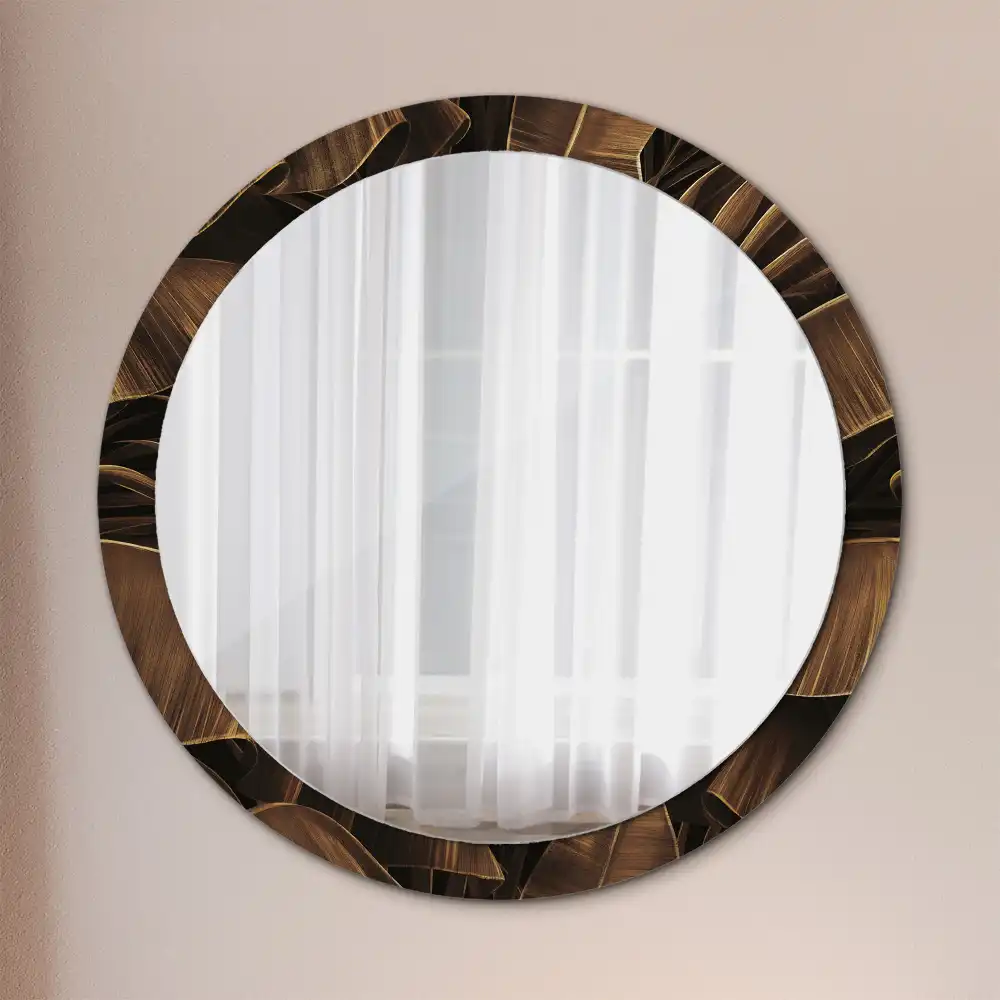 Oglindă rotundă de perete cu decor frunze de bananier maro