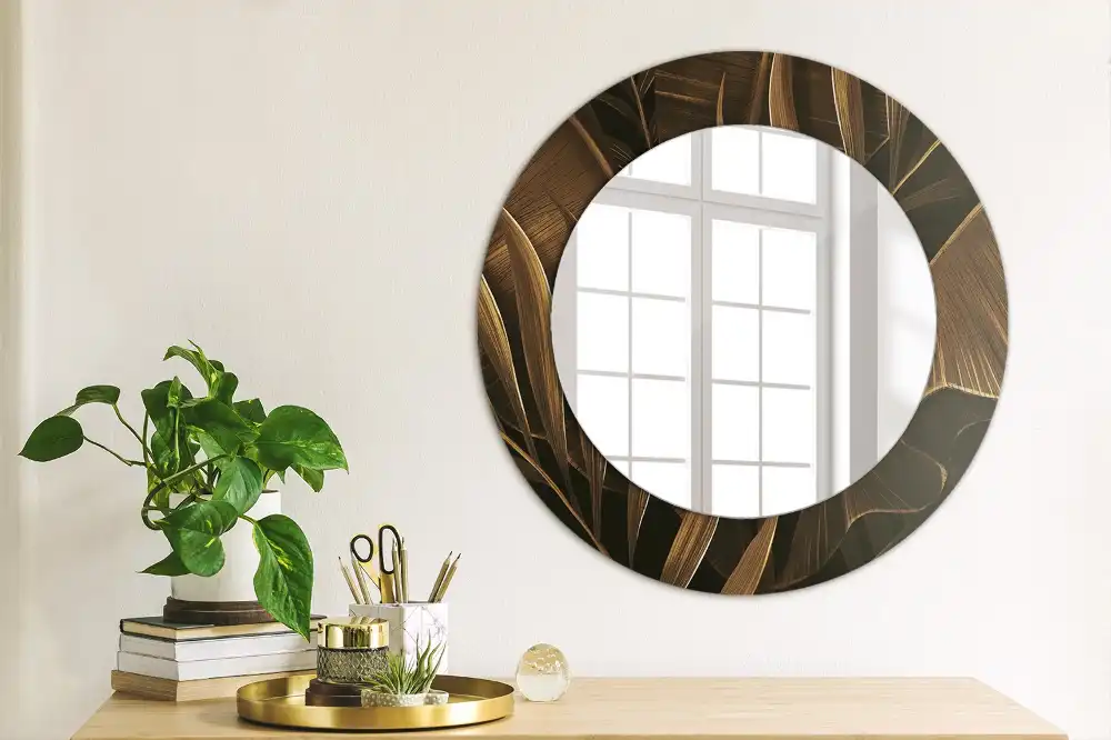 Oglindă rotundă de perete cu decor frunze de bananier maro