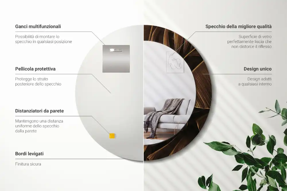 Oglindă rotundă de perete cu decor frunze de bananier maro
