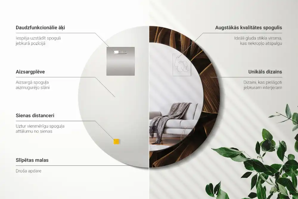 Oglindă rotundă de perete cu decor frunze de bananier maro