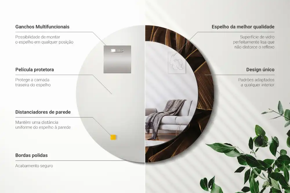 Oglindă rotundă de perete cu decor frunze de bananier maro
