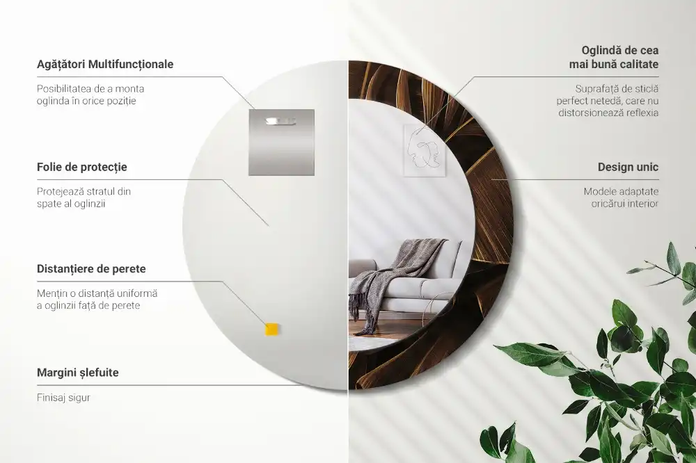 Oglindă rotundă de perete cu decor frunze de bananier maro