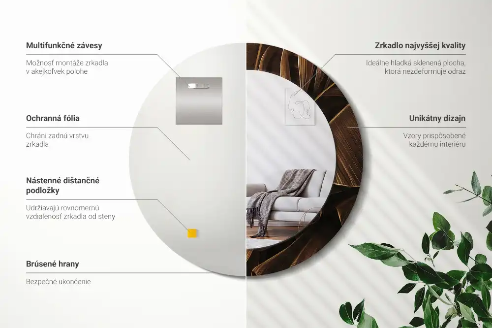 Oglindă rotundă de perete cu decor frunze de bananier maro