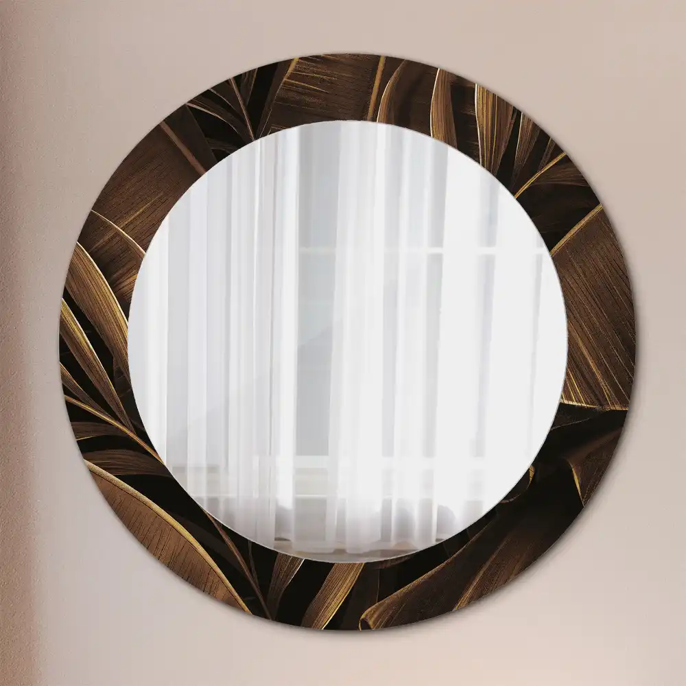 Oglindă rotundă de perete cu decor frunze de bananier maro