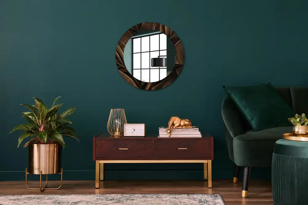 Oglindă rotundă de perete cu decor frunze de bananier maro