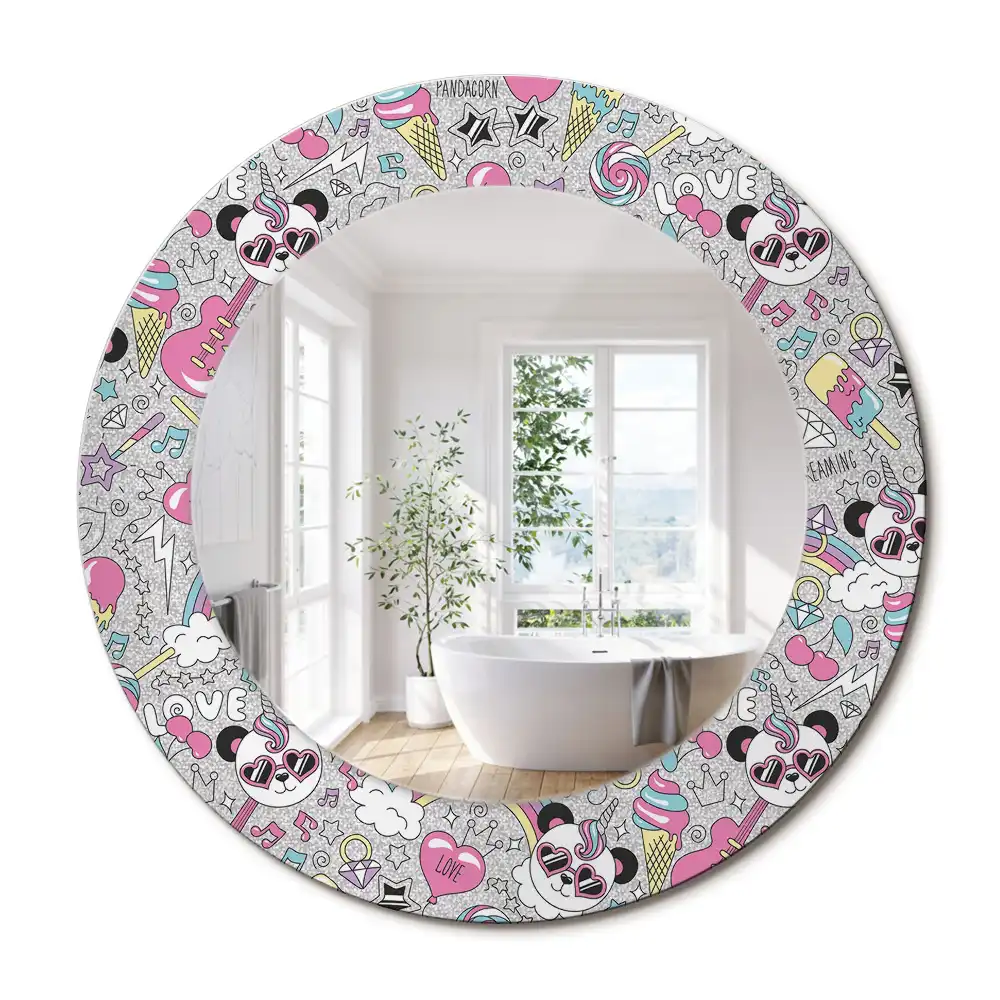 Oglindă rotundă cu ramă imprimată cu unicorn și panda