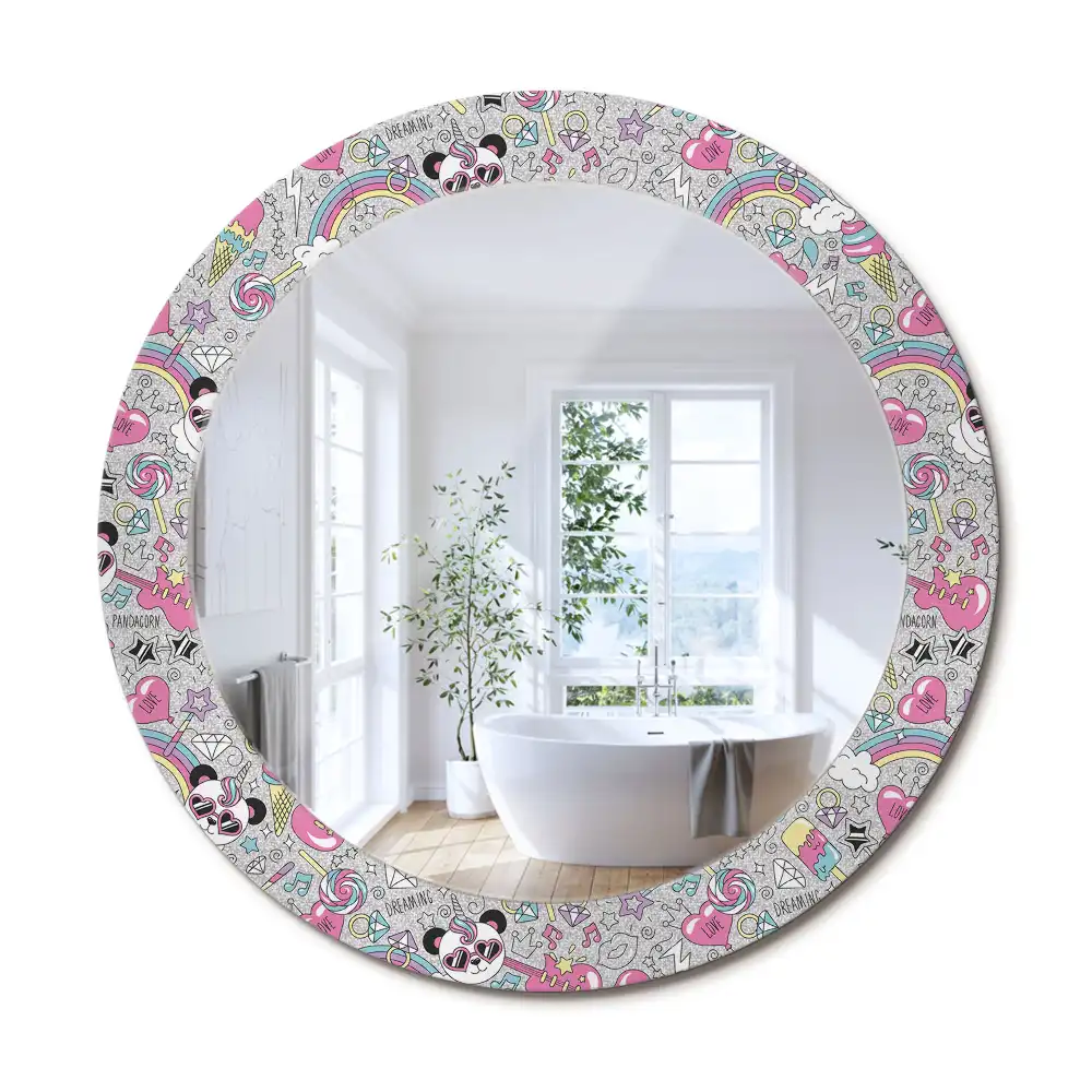 Oglindă rotundă cu ramă imprimată cu unicorn și panda