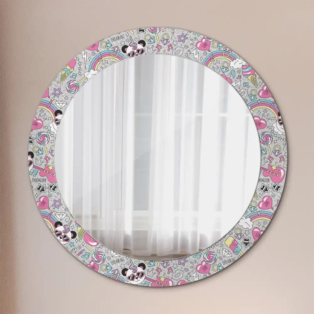 Oglindă rotundă cu ramă imprimată cu unicorn și panda