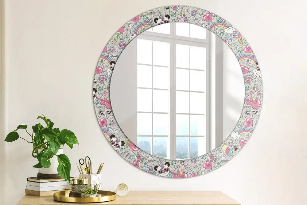 Oglindă rotundă cu ramă imprimată cu unicorn și panda