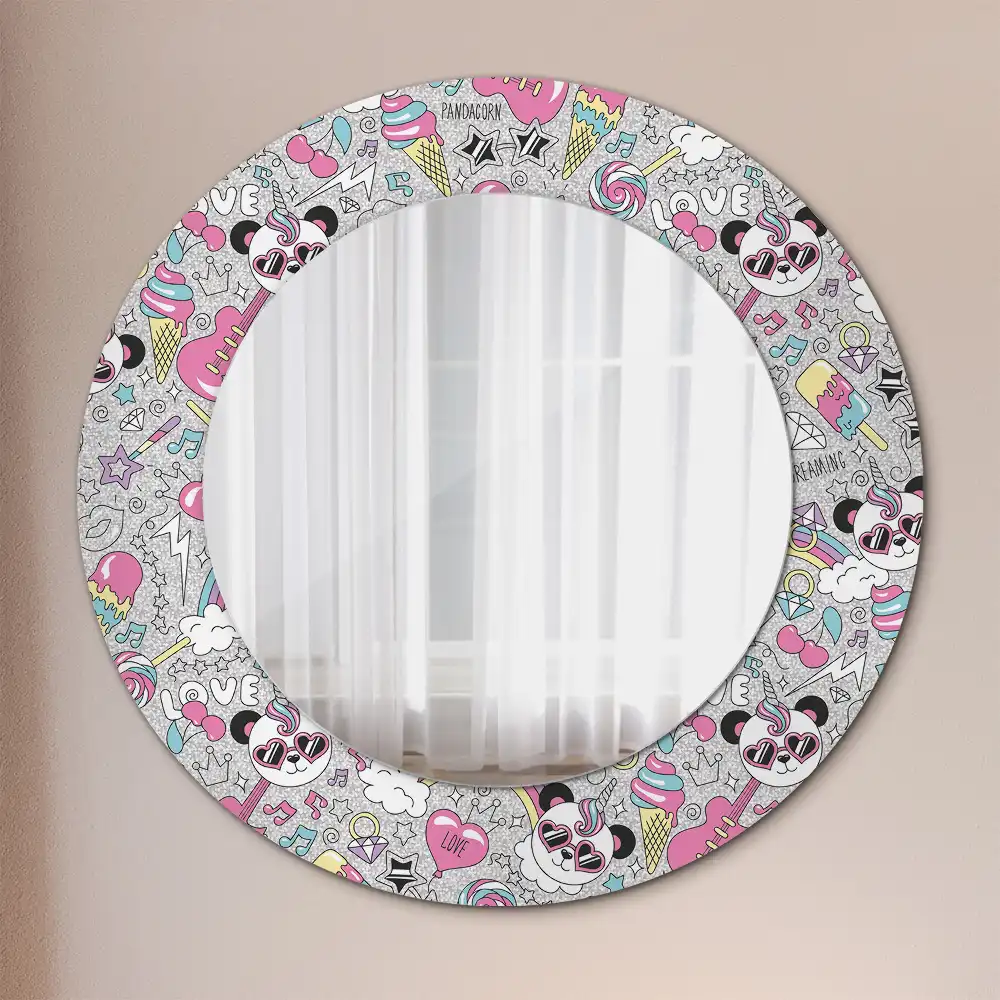 Oglindă rotundă cu ramă imprimată cu unicorn și panda