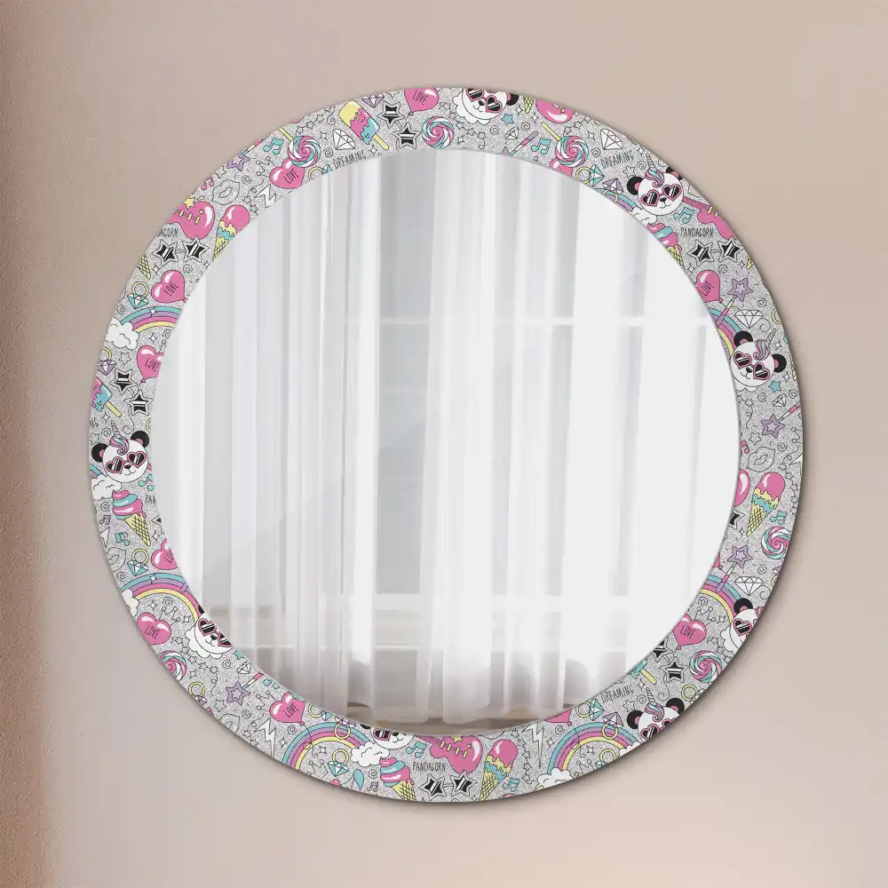 Oglindă rotundă cu ramă imprimată cu unicorn și panda