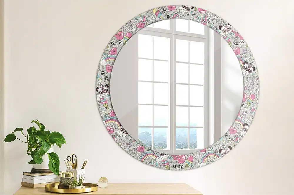 Oglindă rotundă cu ramă imprimată cu unicorn și panda