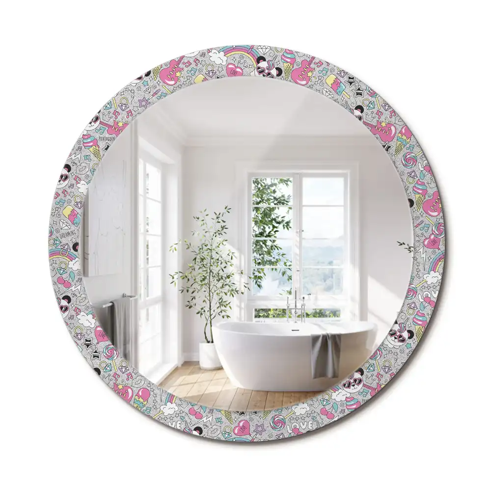Oglindă rotundă cu ramă imprimată cu unicorn și panda
