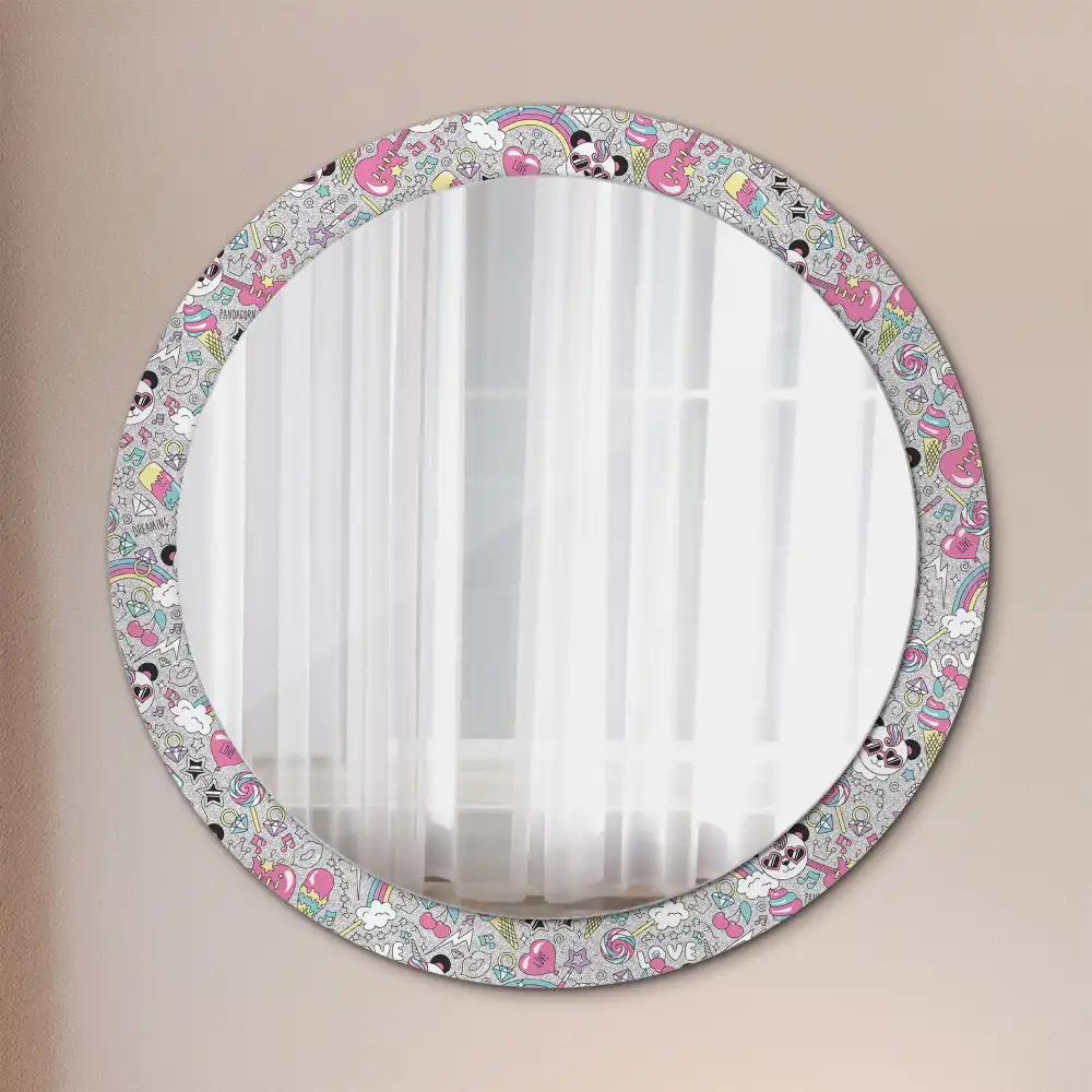 Oglindă rotundă cu ramă imprimată cu unicorn și panda