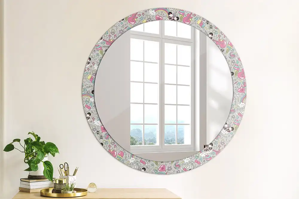 Oglindă rotundă cu ramă imprimată cu unicorn și panda
