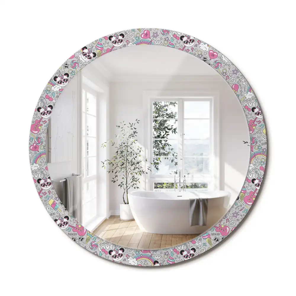 Oglindă rotundă cu ramă imprimată cu unicorn și panda