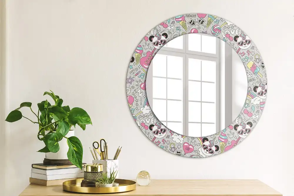 Oglindă rotundă cu ramă imprimată cu unicorn și panda