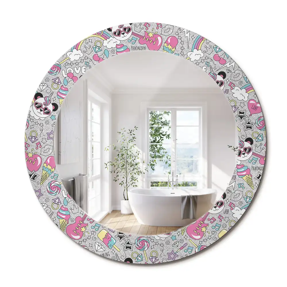 Oglindă rotundă cu ramă imprimată cu unicorn și panda