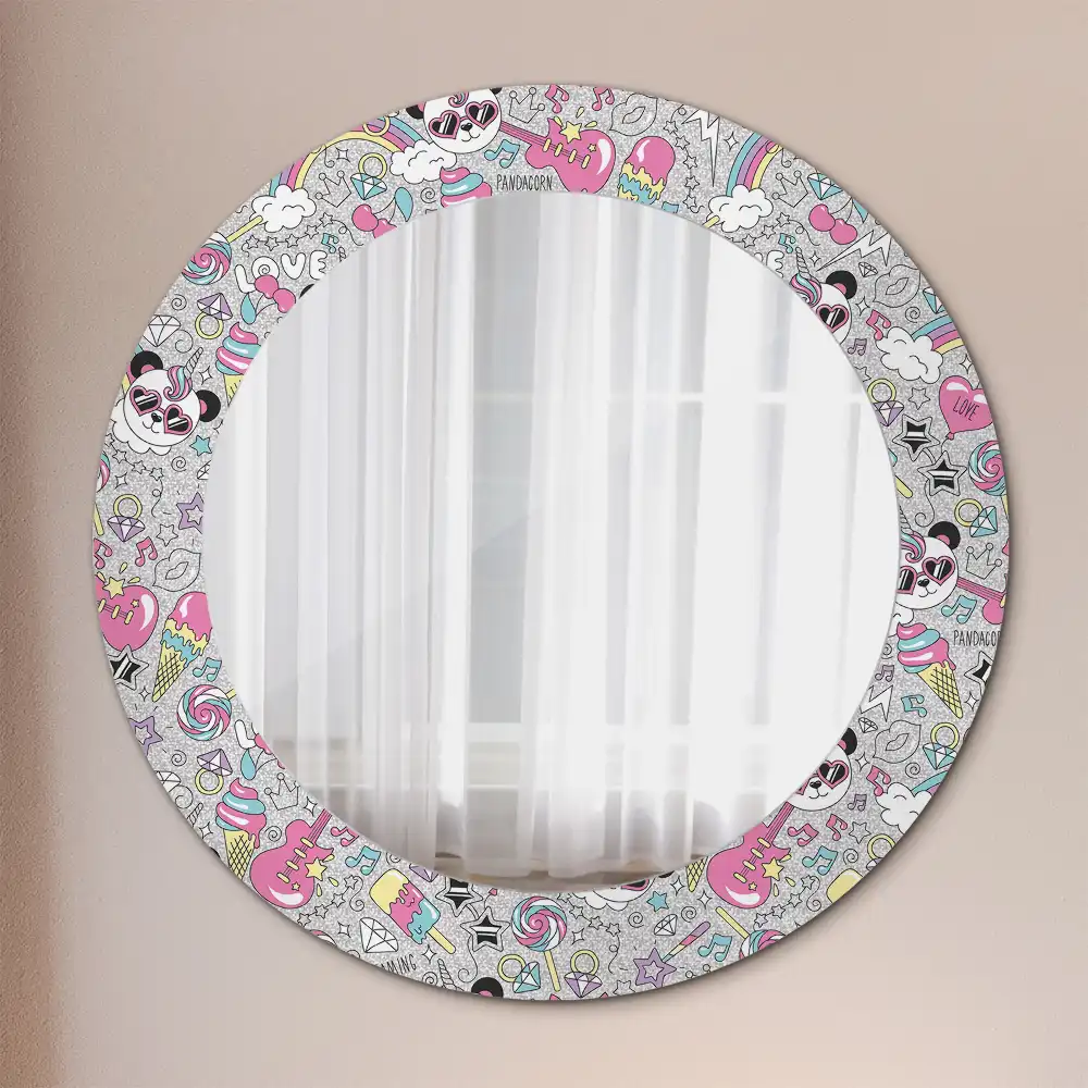 Oglindă rotundă cu ramă imprimată cu unicorn și panda