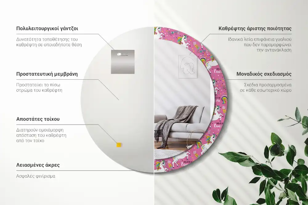 Oglindă rotundă decorativă cu unicorn magic