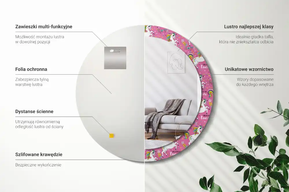 Oglindă rotundă decorativă cu unicorn magic