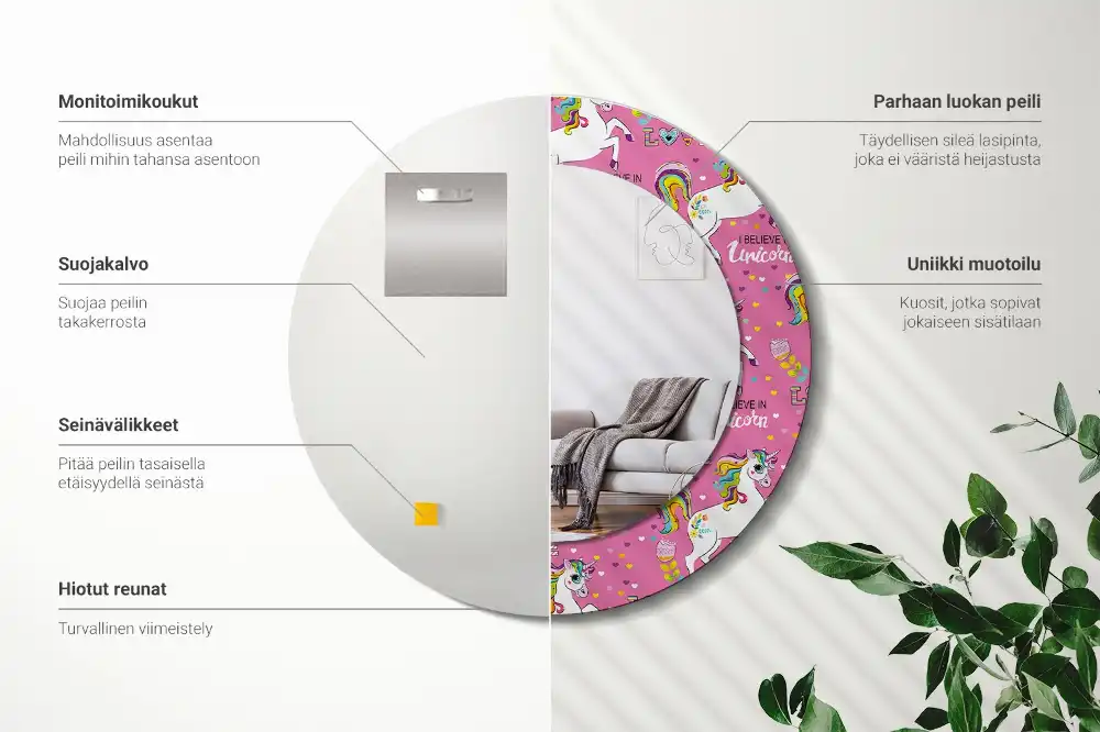 Oglindă rotundă decorativă cu unicorn magic