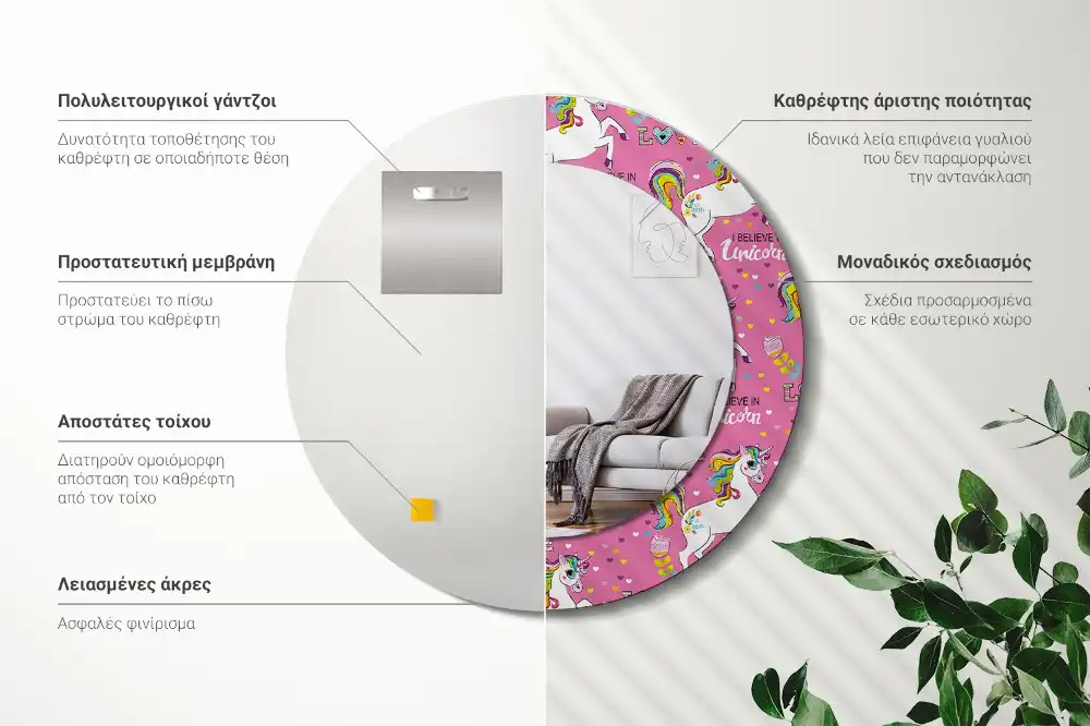 Oglindă rotundă decorativă cu unicorn magic