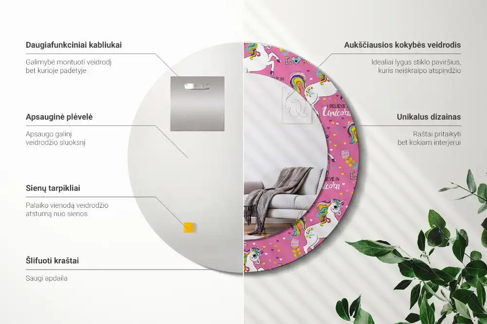 Oglindă rotundă decorativă cu unicorn magic