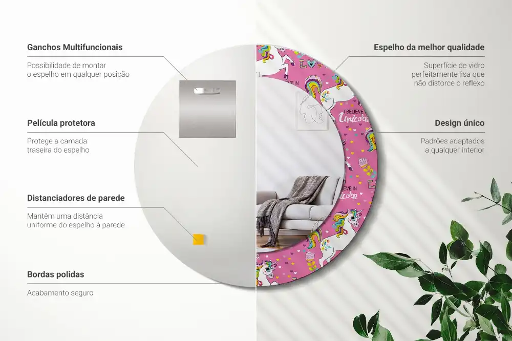 Oglindă rotundă decorativă cu unicorn magic