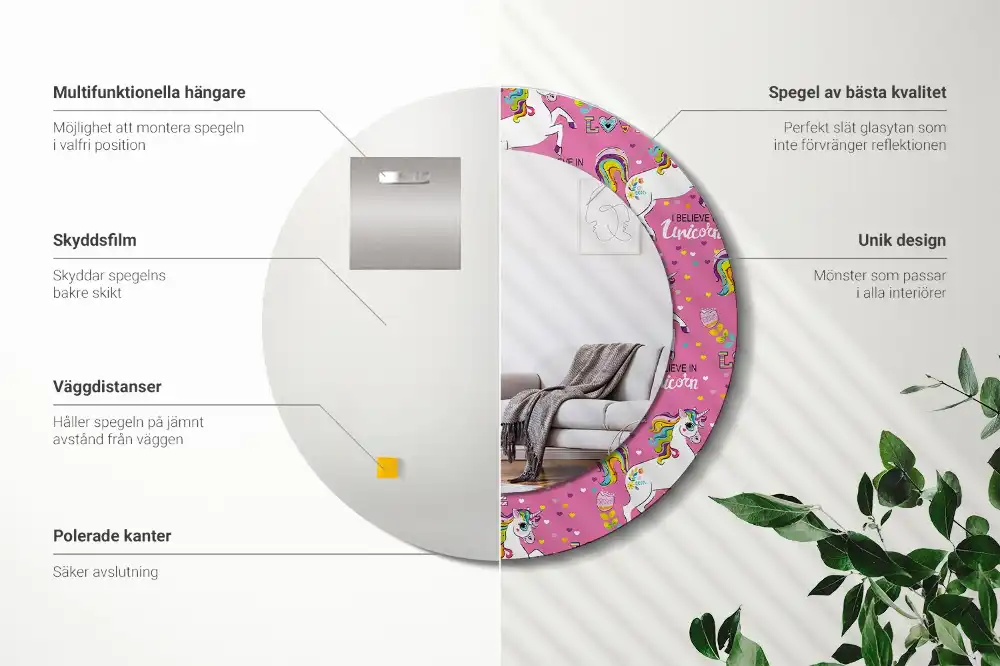 Oglindă rotundă decorativă cu unicorn magic