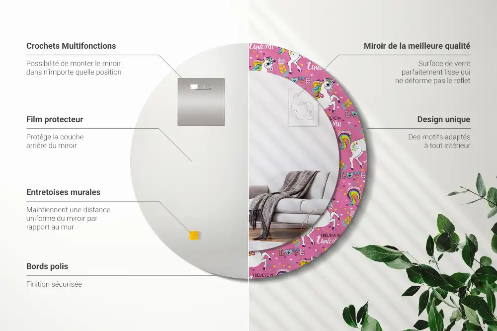 Oglindă rotundă decorativă cu unicorn magic