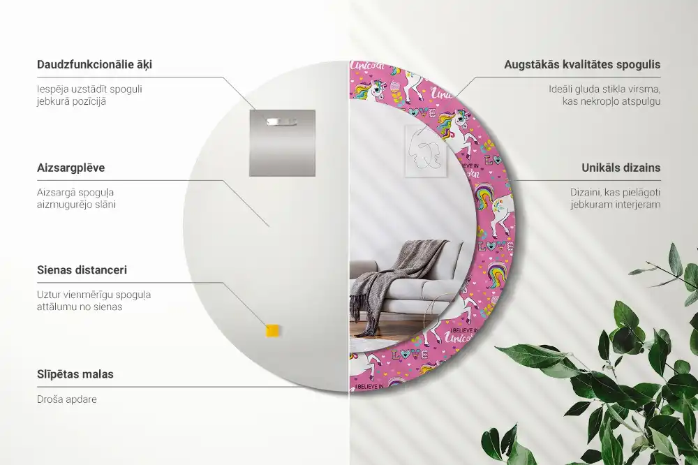 Oglindă rotundă decorativă cu unicorn magic