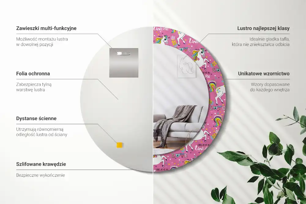 Oglindă rotundă decorativă cu unicorn magic
