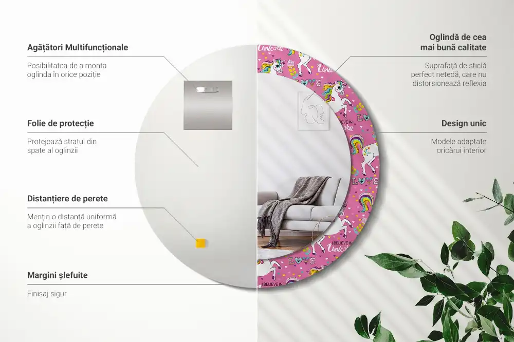 Oglindă rotundă decorativă cu unicorn magic
