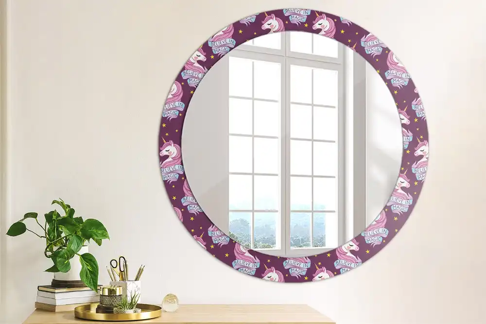 Oglindă decorativă rotundă cu steluțe și unicorn