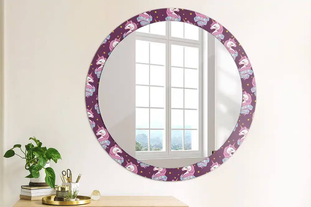Oglindă decorativă rotundă cu steluțe și unicorn