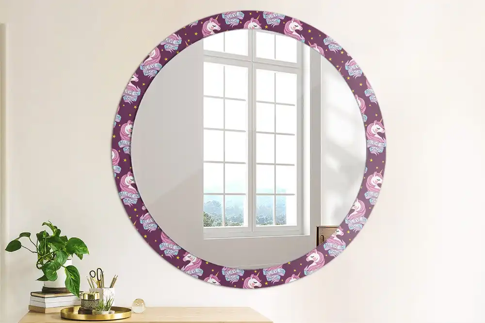 Oglindă decorativă rotundă cu steluțe și unicorn