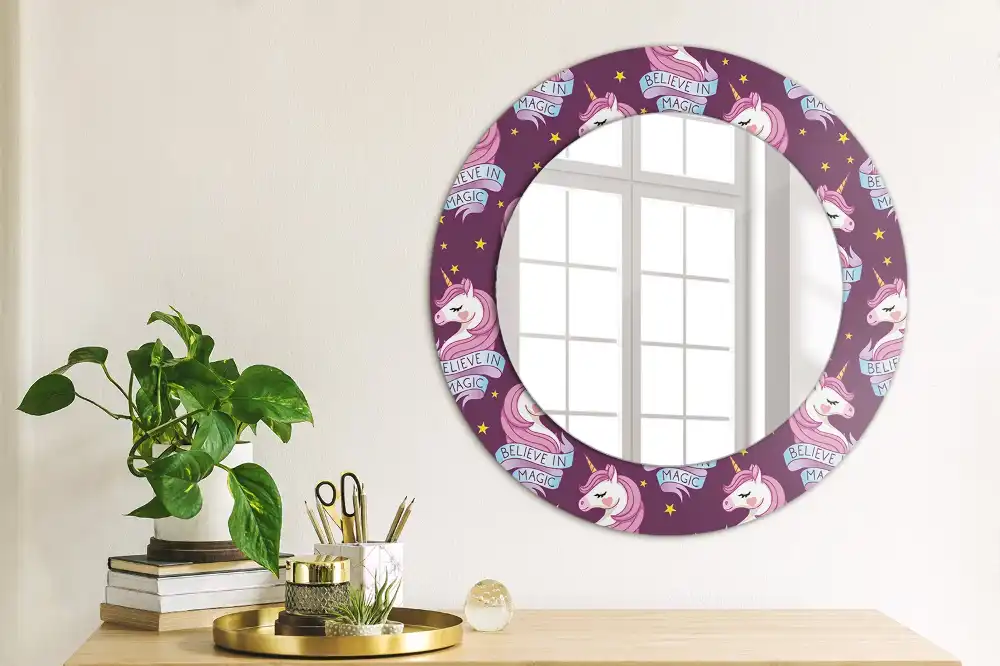 Oglindă decorativă rotundă cu steluțe și unicorn