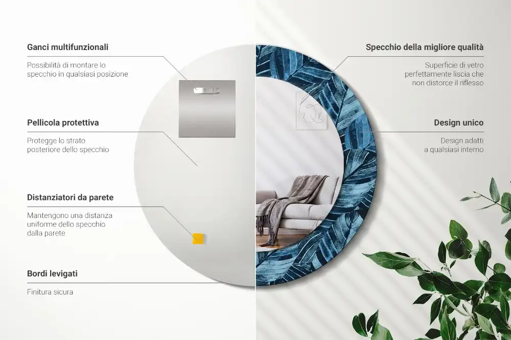Oglindă rotundă decorativă de perete cu frunze de junglă