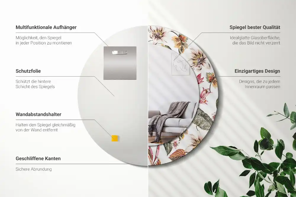 Oglindă rotundă decorativă cu motive florale vintage
