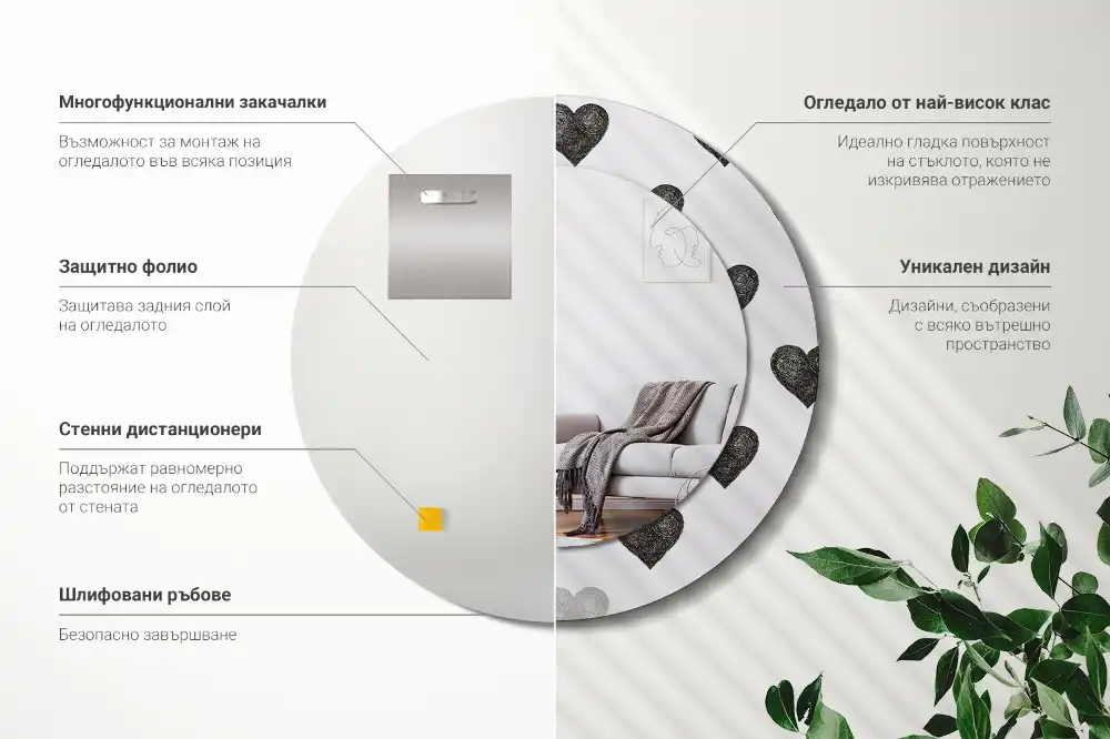 Oglindă rotundă decorativă cu model abstract de inimi