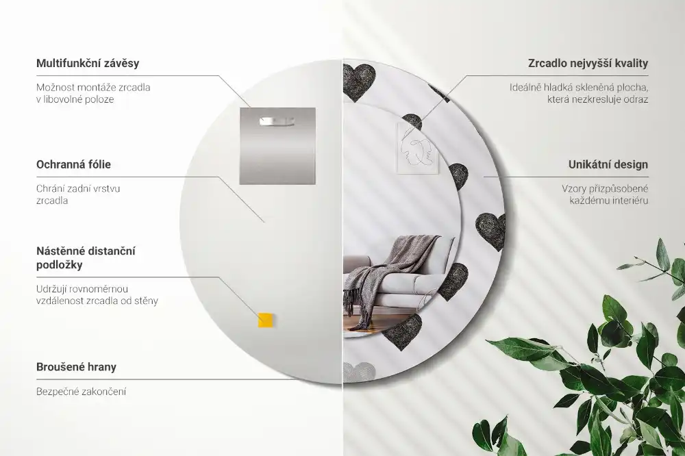 Oglindă rotundă decorativă cu model abstract de inimi